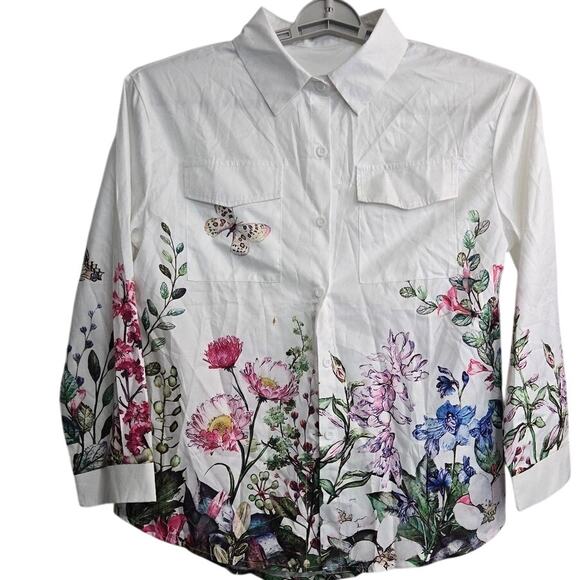 Floral Embroidered Blouse XL White Button-Up Long Sleeve Shirt Butterfly Detail - Picture 1 of 7